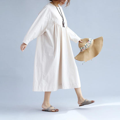 Cotton Women Long Sleeves Beige Dress