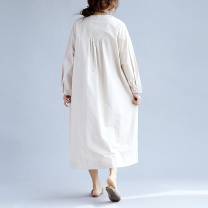 Cotton Women Long Sleeves Beige Dress