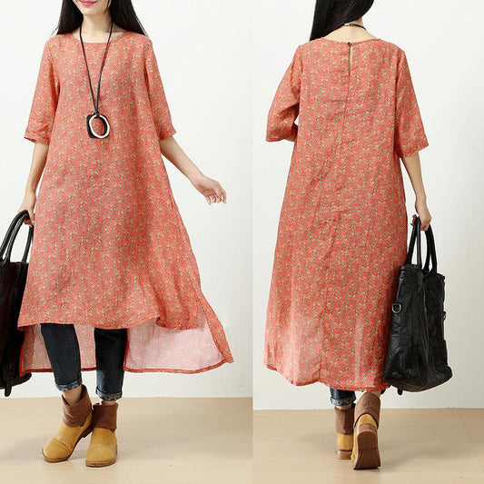 Retro Printing Side Slit Short Sleeves Linen Orange Red Women Dress