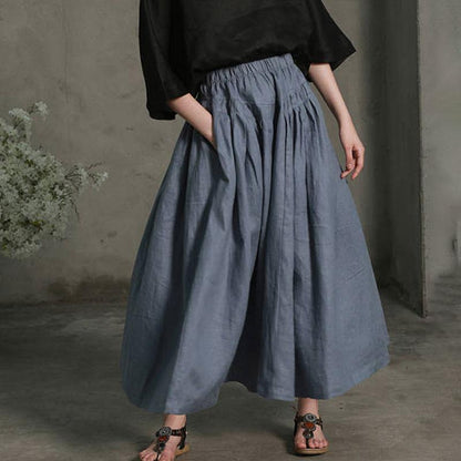 Causal Women Cotton Linen Loose Blue Pleated Skirt