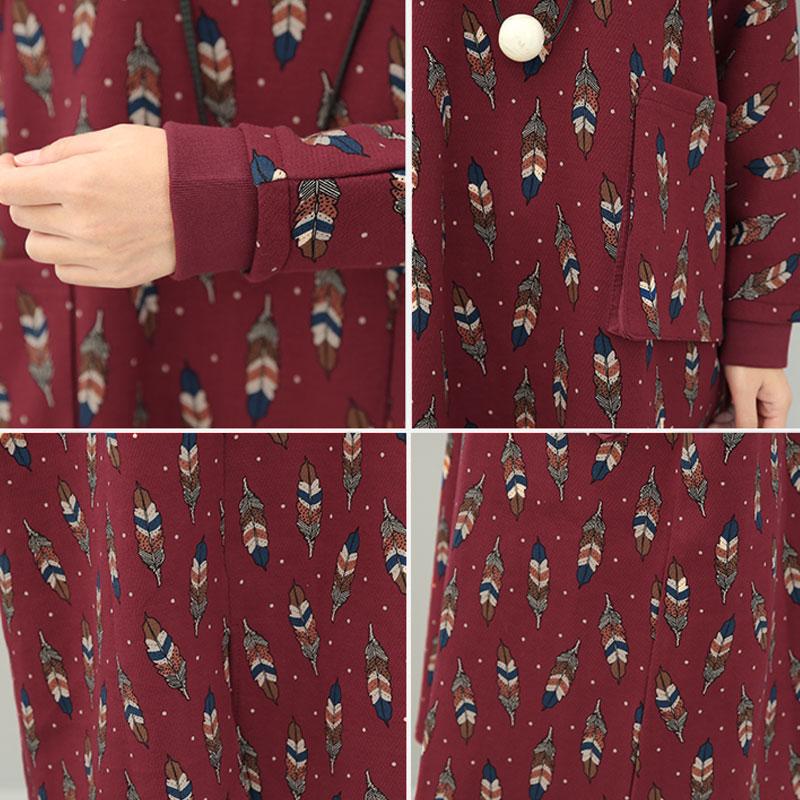 Literature Turtle Leaf Printing Neck Long Sleeves Big Pockets Red Women Dress