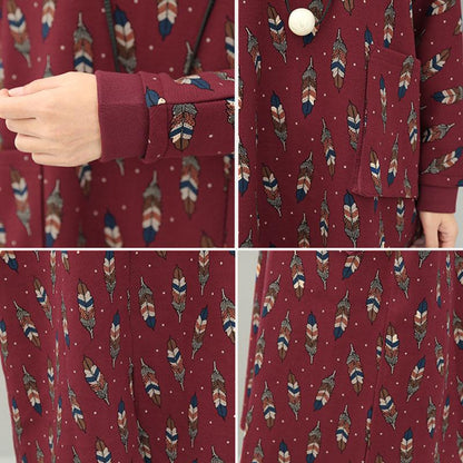 Literature Turtle Leaf Printing Neck Long Sleeves Big Pockets Red Women Dress