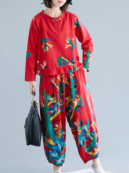 CASUAL FLORAL PRINTED BLOUSES&PANTS SUITS