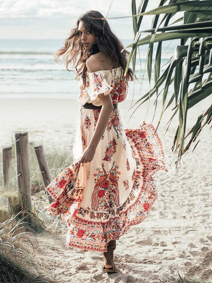 Pretty Bohemia Floral Off Shoulder Short Sleeve Beach Dress Maxi Dress