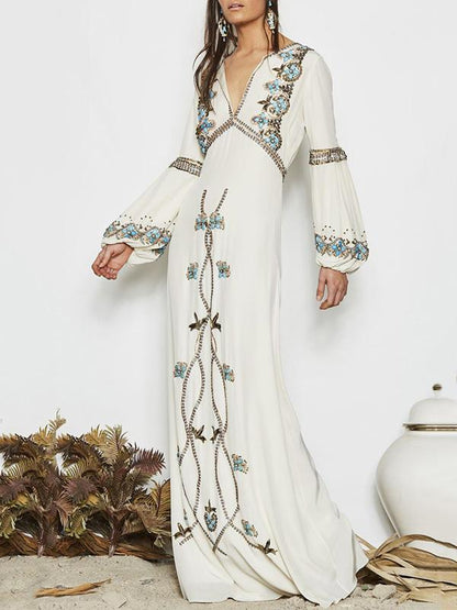 White Embroidered Puff Sleeve Maxi Dress