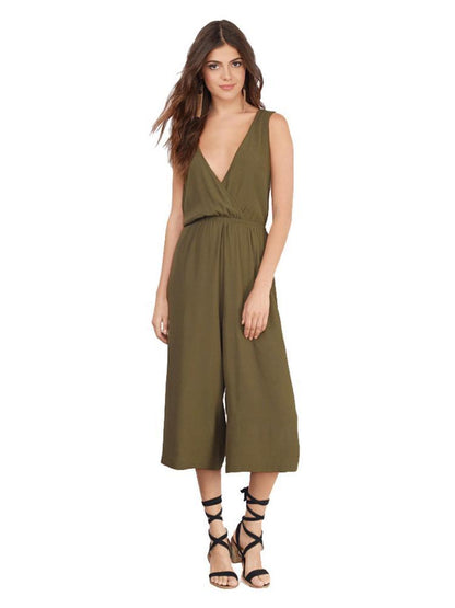 Solid Color V-neck Backless Wide Leg Jumpsuits Bottoms