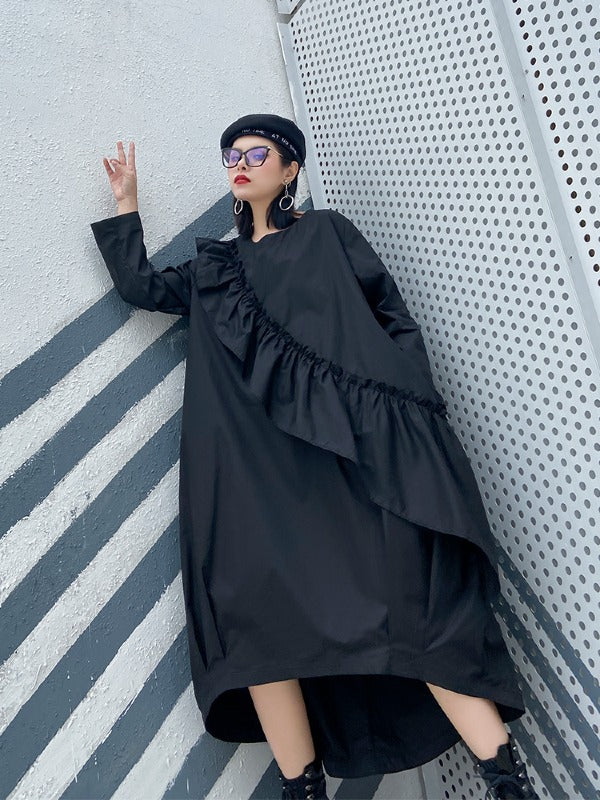 LOOSE BLACK FALBALA HIGH-LOW DRESS