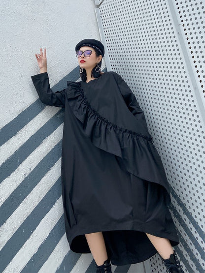 LOOSE BLACK FALBALA HIGH-LOW DRESS