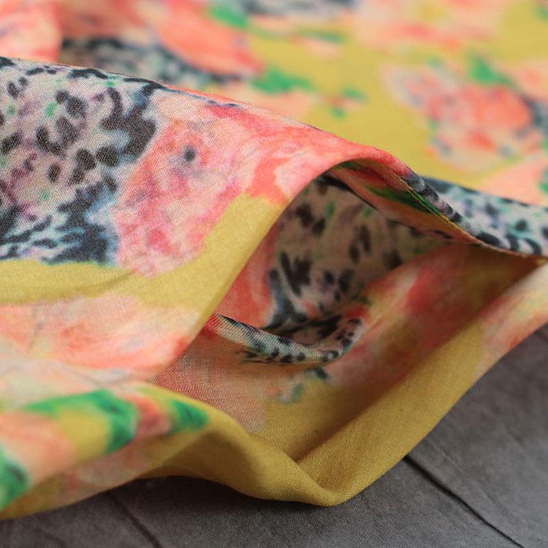 Stand Collar Printed Ramie Single Breasted Women Dress