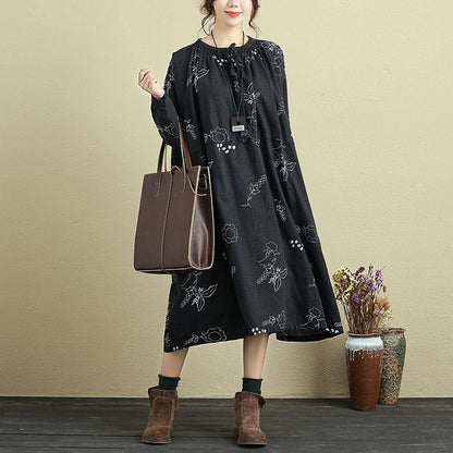 Loose Women Round Neck Printed Linen Lacing Dress