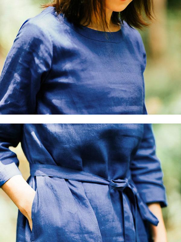 Loose Casual Women Round Neck Three Quarter Sleeve Blue Dress