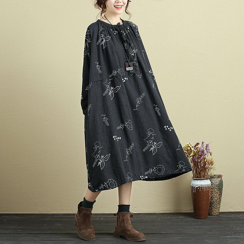 Loose Women Round Neck Printed Linen Lacing Dress