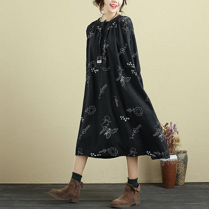 Women Round Neck Lacing Half Sleeve Printing Linen Dress