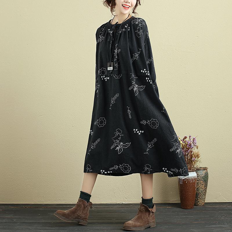 Loose Women Round Neck Printed Linen Lacing Dress