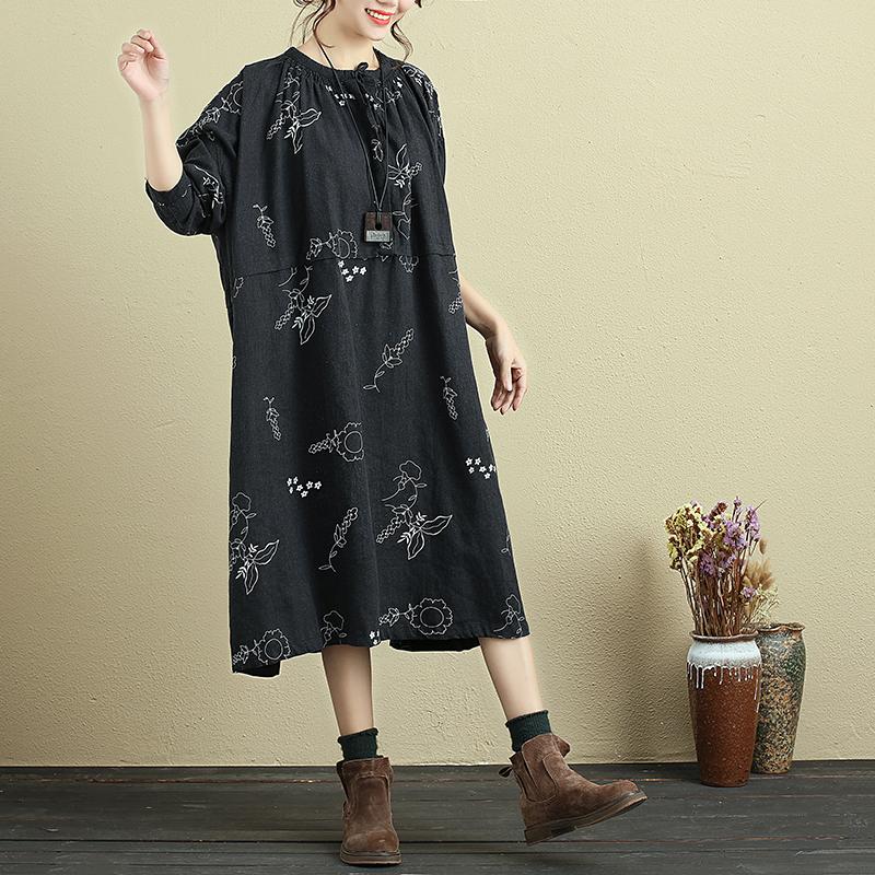 Loose Women Round Neck Printed Linen Lacing Dress