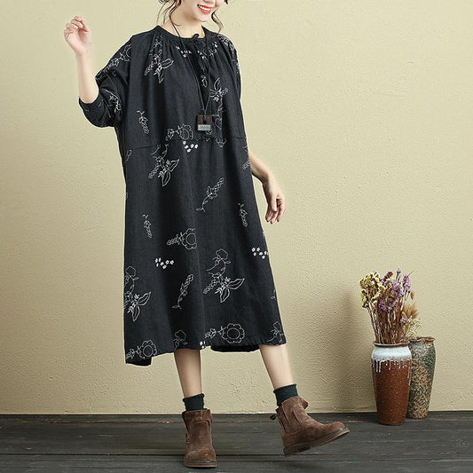 Loose Women Round Neck Printed Linen Lacing Dress