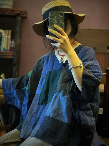Original Retro Plaid V-neck Linen T-shirt