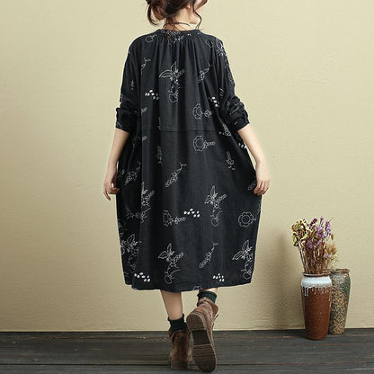 Loose Women Round Neck Printed Linen Lacing Dress
