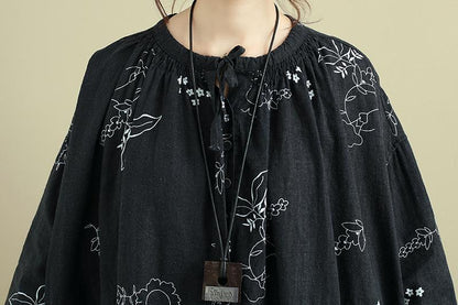 Women Round Neck Lacing Half Sleeve Printing Linen Dress
