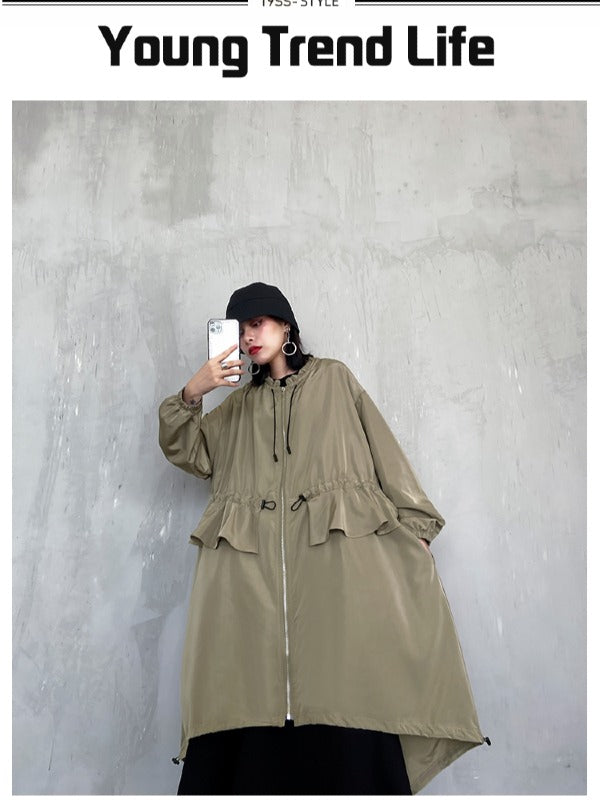 LOOSE FALBALA DRAWSTRING HIGH-LOW SOLID COLOR OUTWEAR