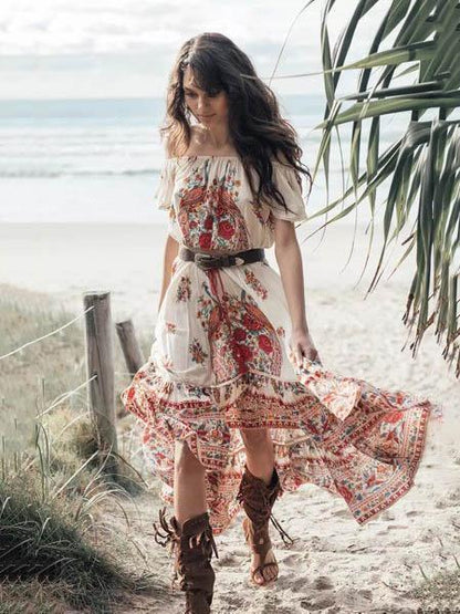 Pretty Bohemia Floral Off Shoulder Short Sleeve Beach Dress Maxi Dress