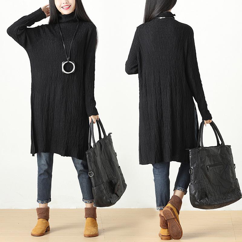 Autumn Winter Slit Fitting Black Dress For Women