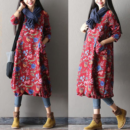 Women Print Casual Loose Cotton Dress