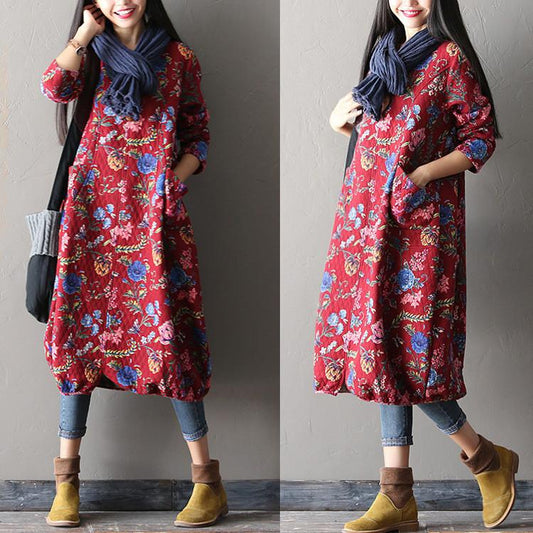 Women Print Casual Loose Cotton Dress