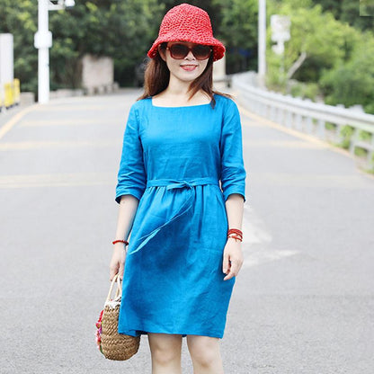 Women Square Collar Half Sleeve Loose Blue Short Dress
