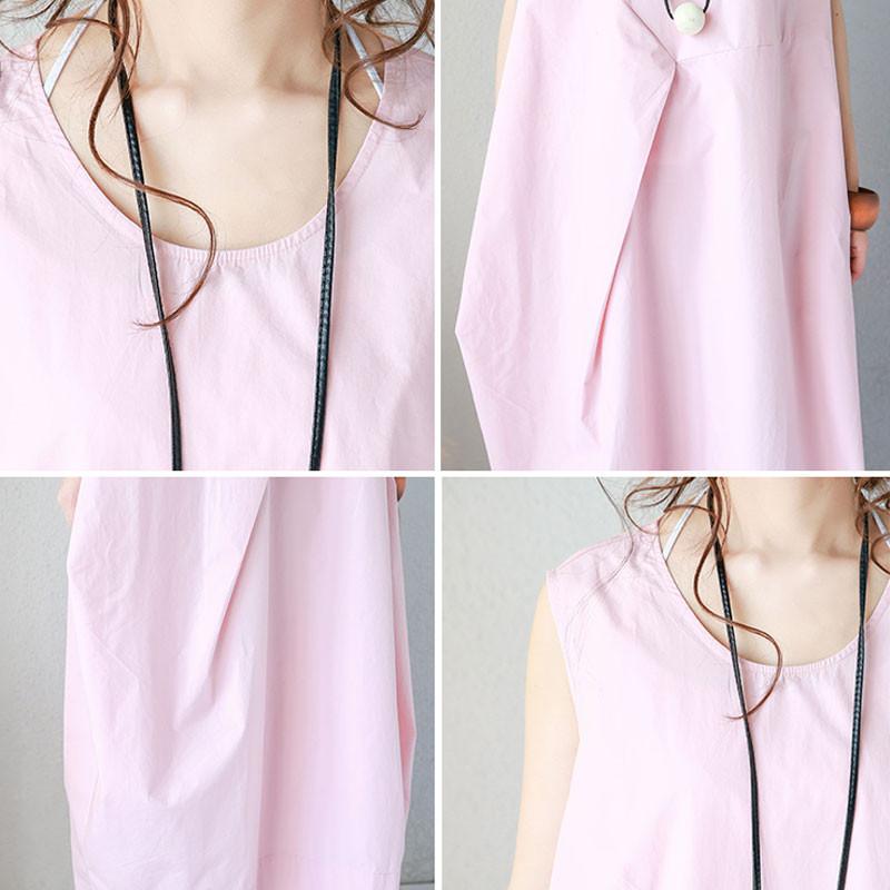 Women Summer Round Neck Cotton Loose Literature Sleeveless Pink Dress