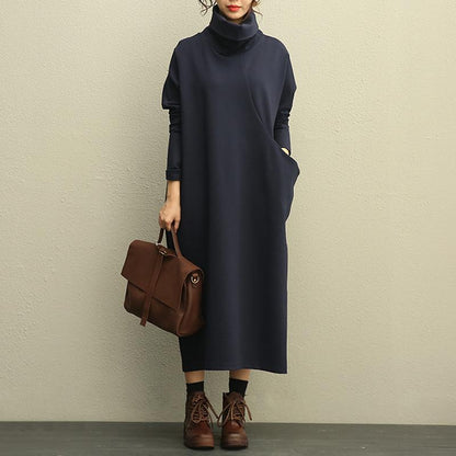Literature Turtle Neck Long Sleeves Cotton Spandex Navy Blue Women Dress