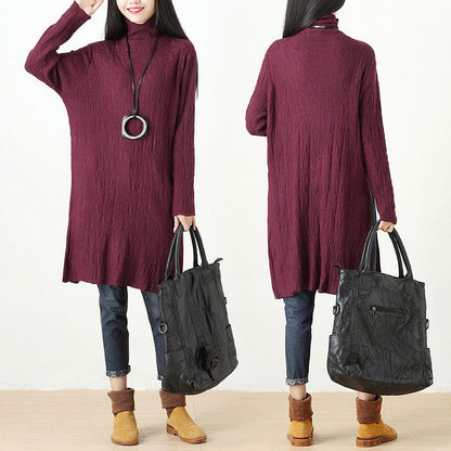 Women Spring Autumn Turtle Neck Long Sleeve Red Dress
