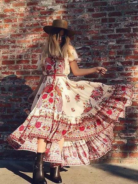 Pretty Bohemia Floral Off Shoulder Short Sleeve Beach Dress Maxi Dress