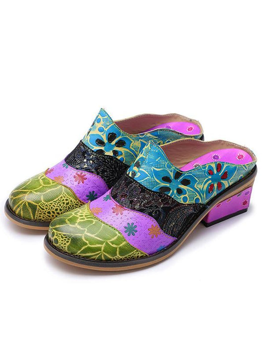 Splicing Genuine Leather Print Slipper Retro Sandals