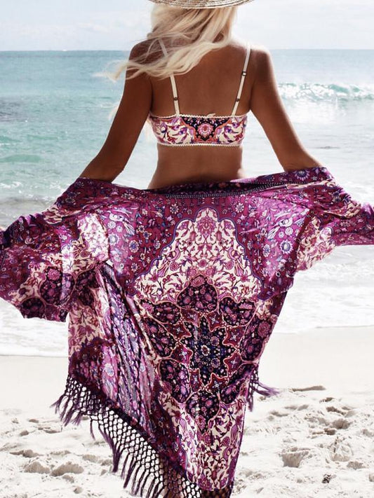 Chiffon Tassel Ornamental Vacation Floral-Print Beach Cover-Ups