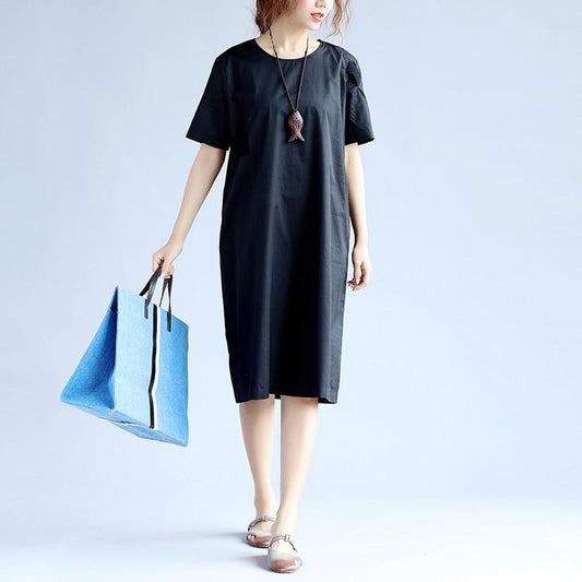 Cotton Women Splicing Short Sleeves Black Dress