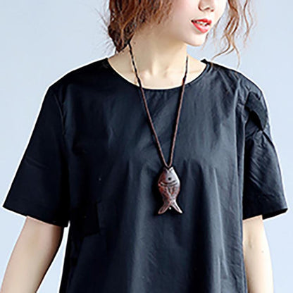 Cotton Women Splicing Short Sleeves Black Dress