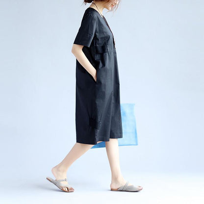 Cotton Women Splicing Short Sleeves Black Dress