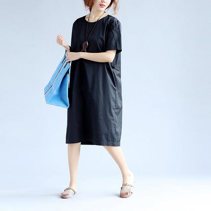 Cotton Women Splicing Short Sleeves Black Dress