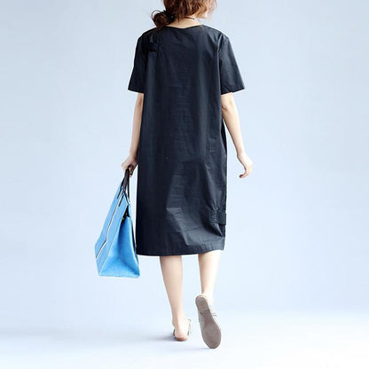 Cotton Women Splicing Short Sleeves Black Dress