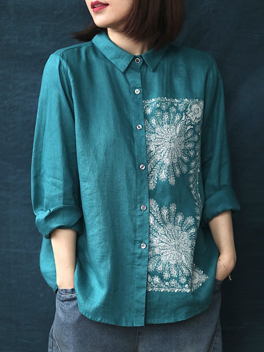 LOOSE CASUAL CROPPED PRINT LAPEL SHIRT