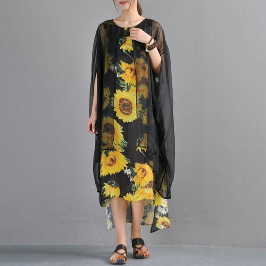 Summer Fake Two Pieces Yellow Flower Printed Bat Sleeve Dress