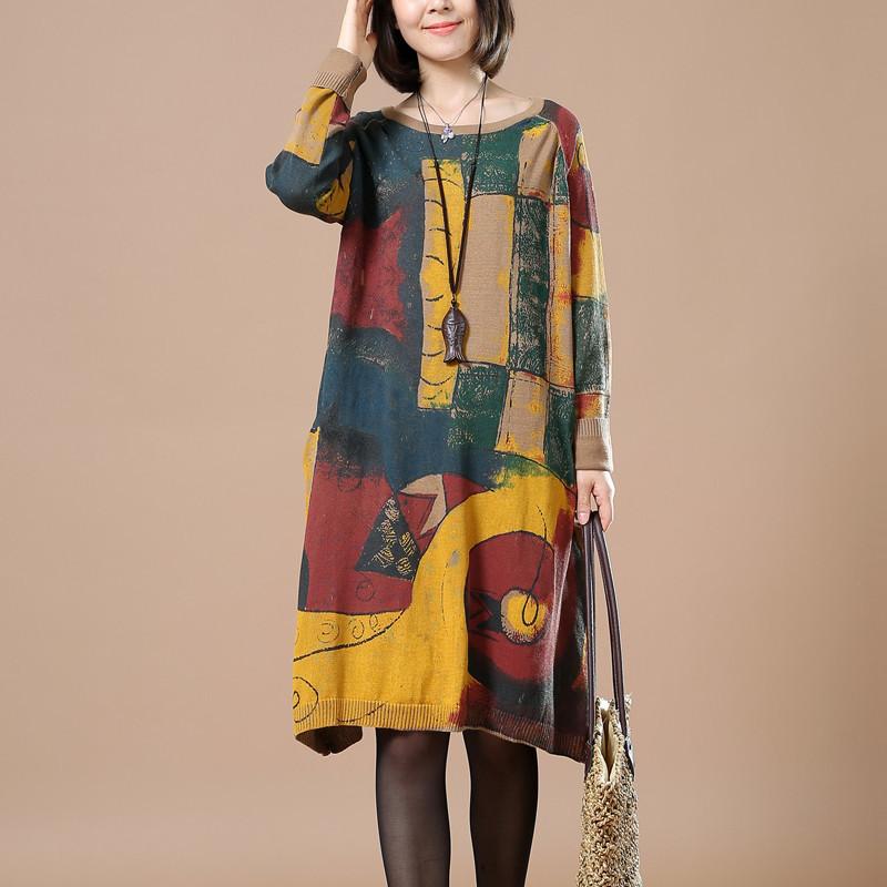Women Print retro long sleeve dress