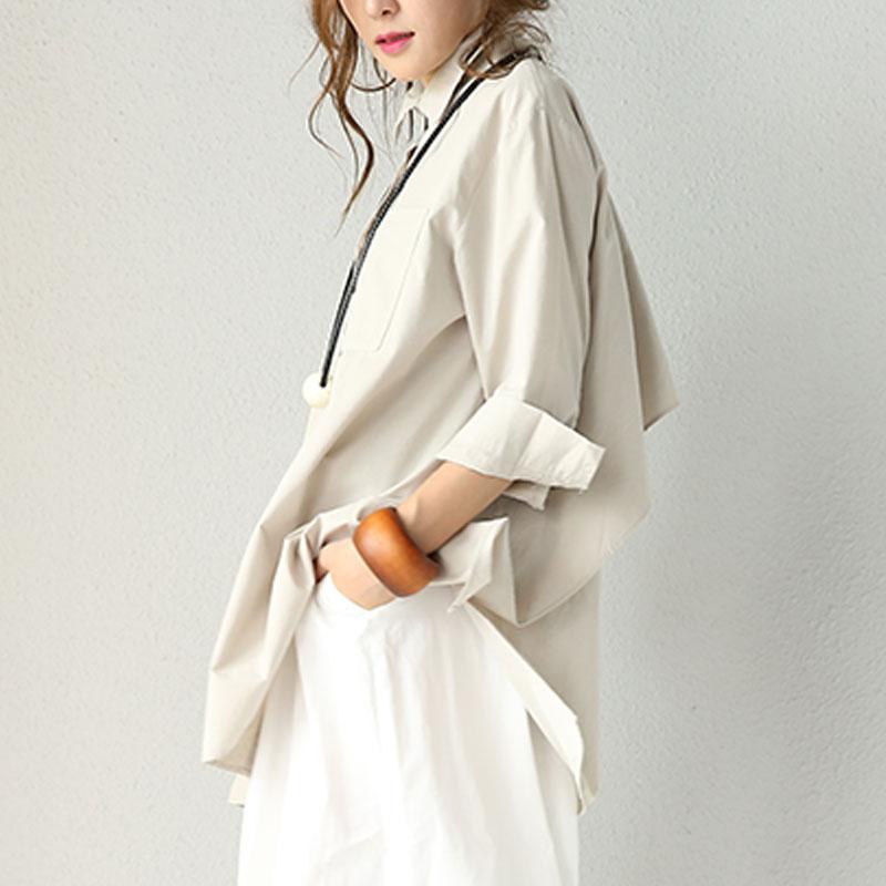 Cotton Loose Single Breasted Polo Collar Patchwork Double Layer Khaki Shirt