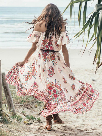 Pretty Bohemia Floral Off Shoulder Short Sleeve Beach Dress Maxi Dress
