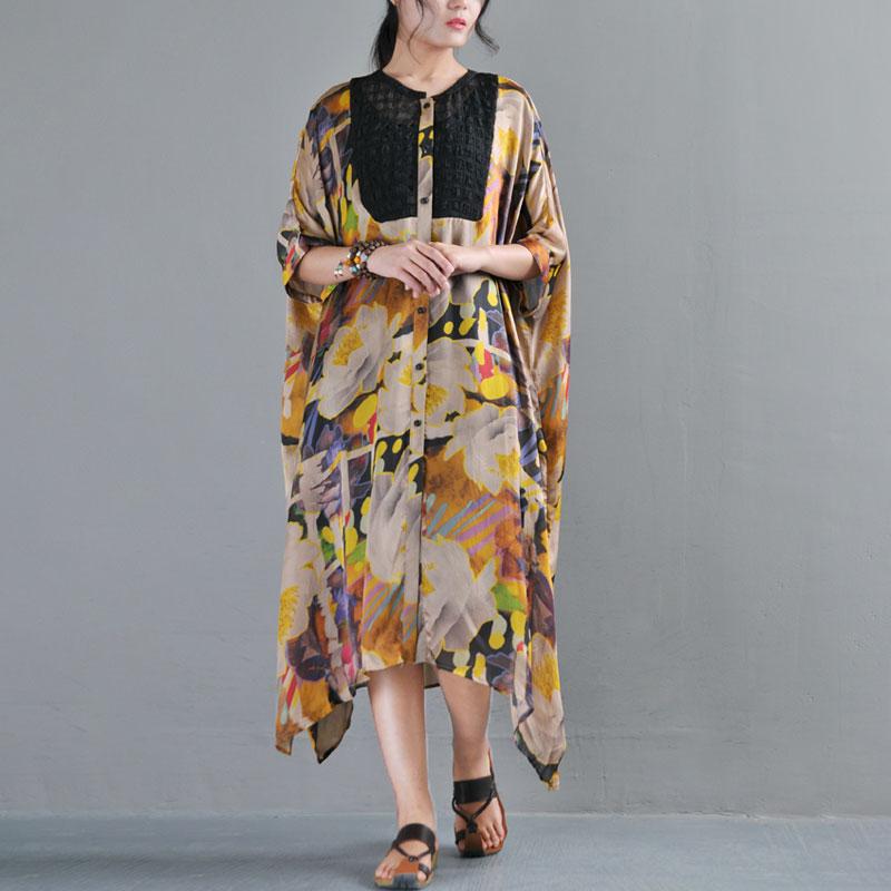 Loose Single Breasted Three Quarter Sleeve Printed Dress