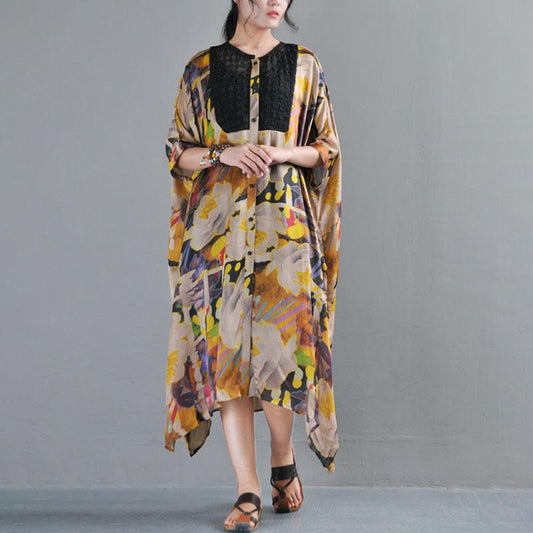 Loose Single Breasted Three Quarter Sleeve Printed Dress