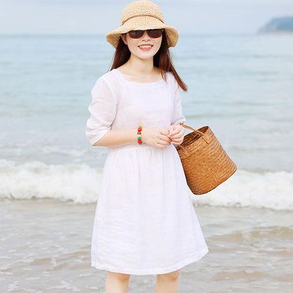 Special Collar Design Women Half Sleeve Loose White Folded Dress