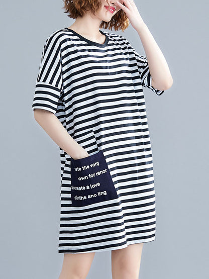 LOOSE STRIPED ROUND-NECK SHIRT DRESS