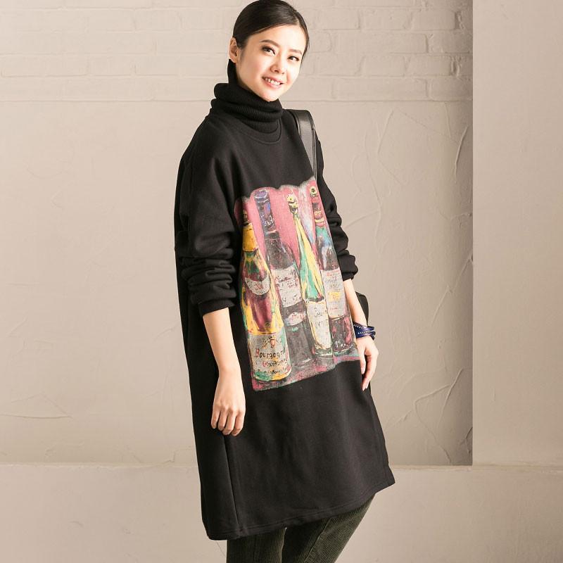 Women Cotton Casual Loose Long Sleeve Printed Black Dress